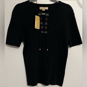 NWT MICHAEL Michael Kors Short-Sleeve Rib Knit Lace-Up Top XL